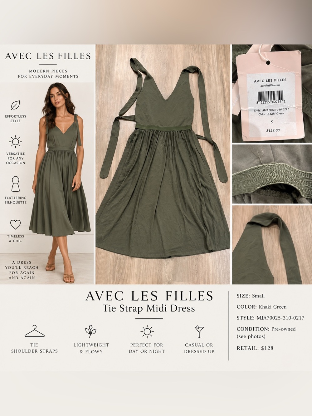 Avec Les Filles Khaki Green Tie Strap Maxi Dress
